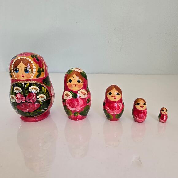 Russian Nesting Dolls Matryoshka Babushka Set of 5 Pink Gold Floral Signed Small - Picture 2 of 16